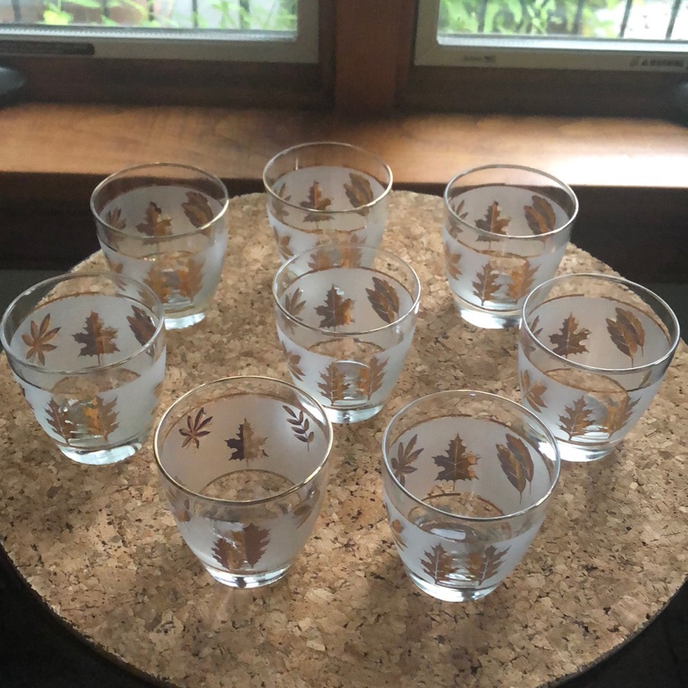 Libbey MCM vintage gold leaf frosted short glasses set of 8